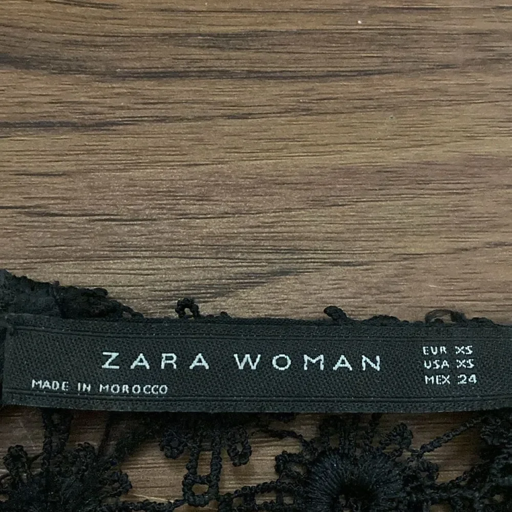 Zara Black Faux Leather & Eyelet Lace Short Sleeve Mini Dress. Size XS.